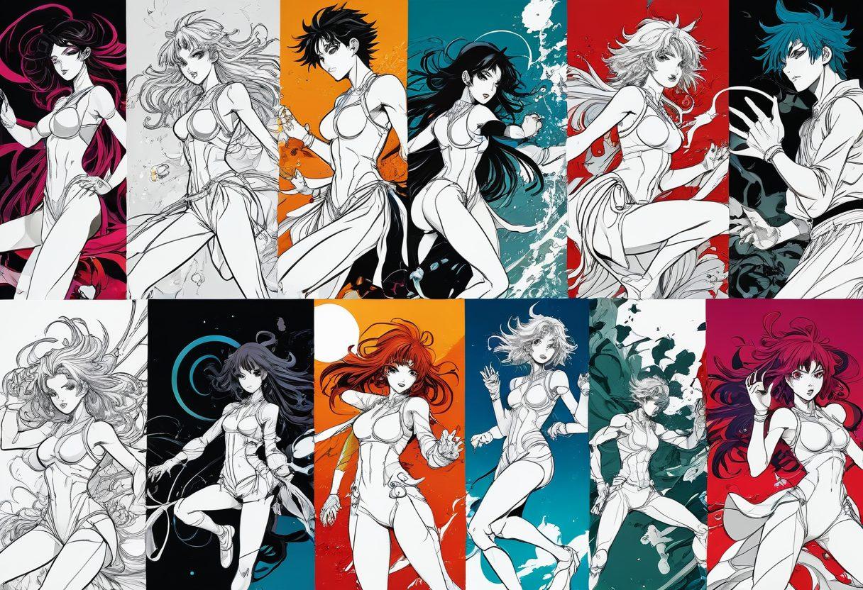 A dynamic collage showcasing the evolution from manga panels to animated scenes, featuring a variety of characters in explicit poses, intertwined with vibrant colors and striking contrasts. Incorporate visual elements like flowing motion lines and exaggerated expressions to convey excitement, with subtle hints of fantasy and sensuality. The background should be colorful and abstract, enhancing the theme of transformation. comic style, vibrant colors, dynamic composition.
