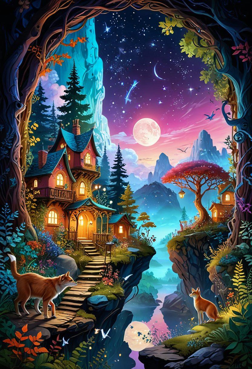 A whimsical landscape representing 'Kroshki's World', filled with surreal elements symbolizing various fetishes and fantasies. Use vibrant colors to depict enchanted forests, playful creatures, and fantastical objects like oversized keys and magical mirrors. The sky should be a gradient of dreamy hues, blending into a starlit backdrop. Include a diverse group of adventurers exploring, with expressions of curiosity and wonder. surrealism. vibrant colors. fantasy art.